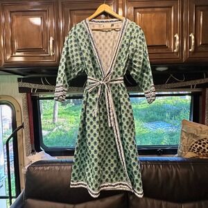 Ella Simone Womens XL Mint Green Blue Floral‎ Cotton Wrap Robe Block Print XL